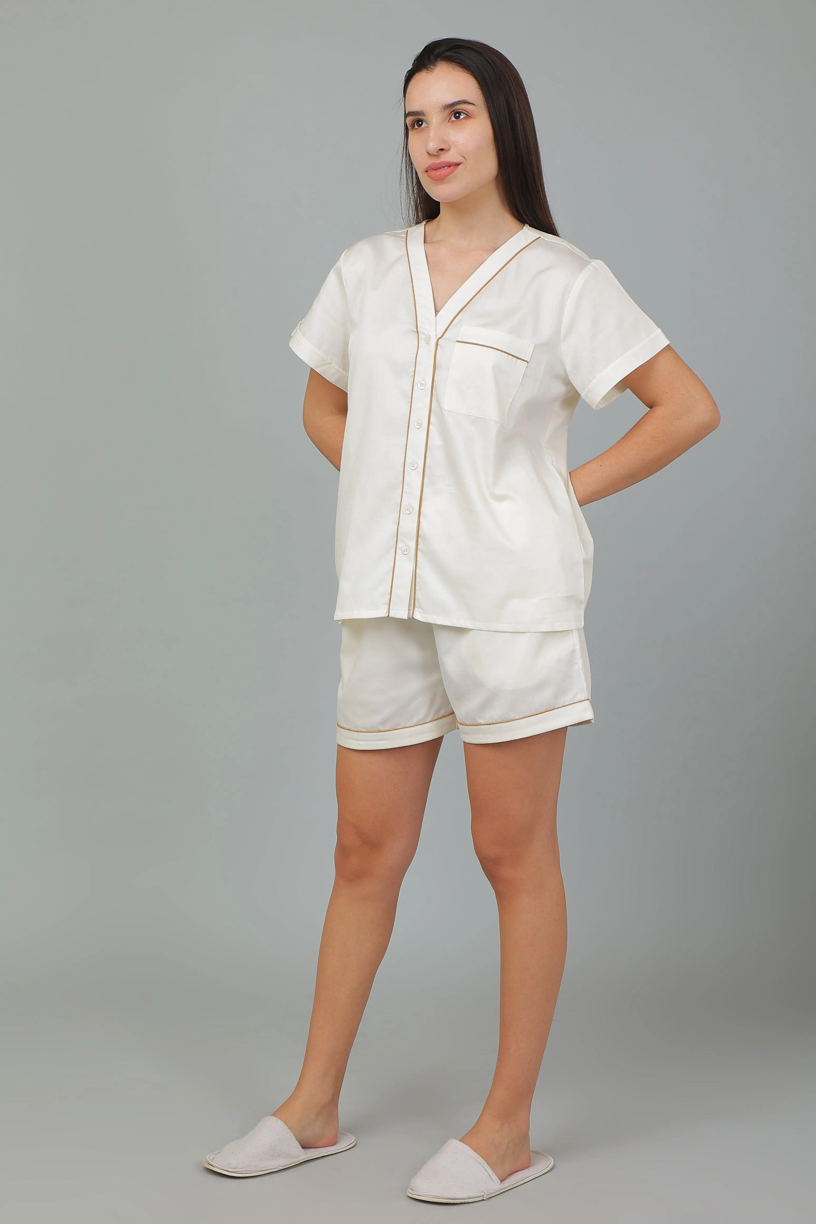 Women Cotton Night suit Shirt and Shorts Co-ord Set I Night Wear | Lounge Wear Set I Solid Colours