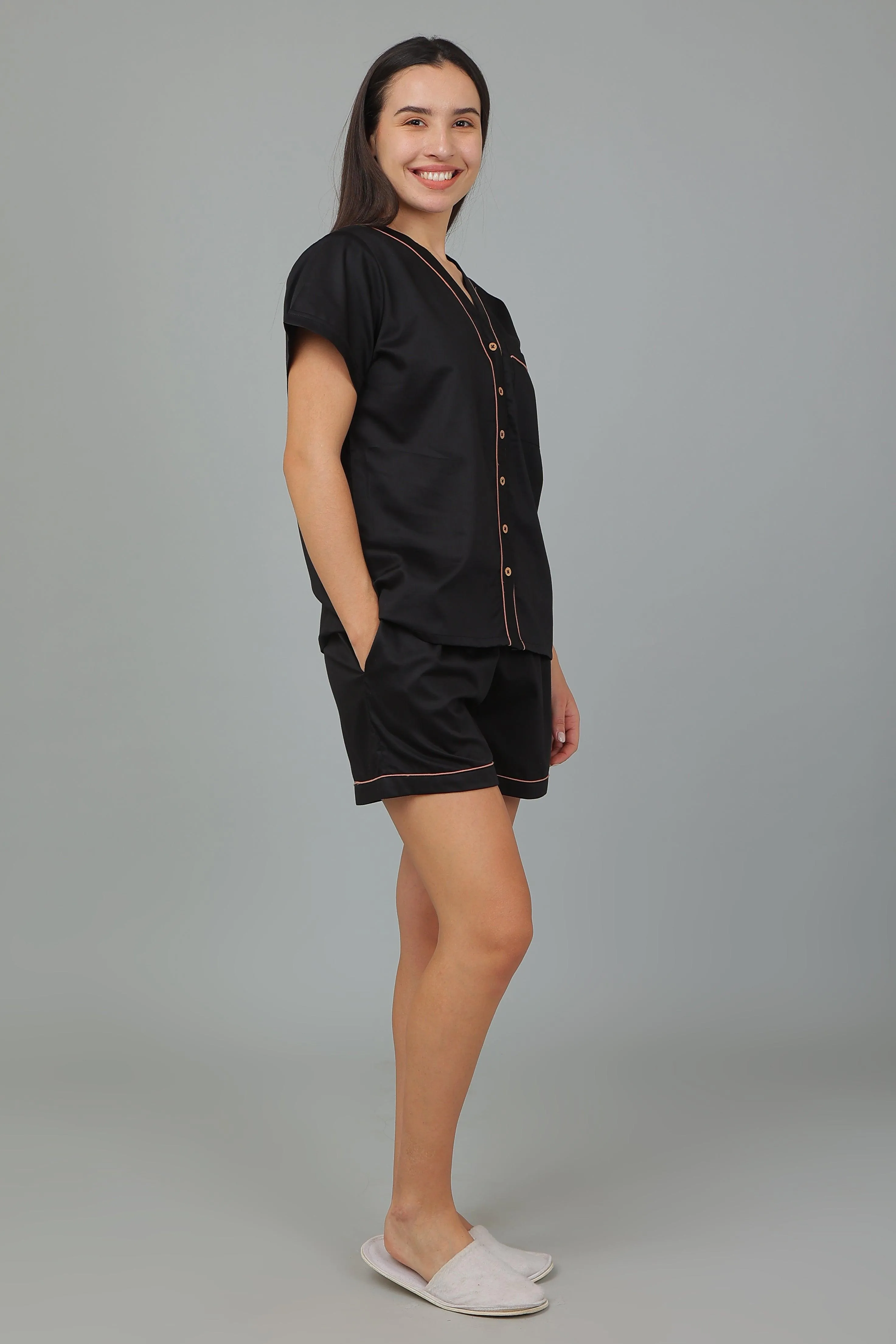 Women Cotton Night suit Shirt and Shorts Co-ord Set I Night Wear | Lounge Wear Set I Solid Colours