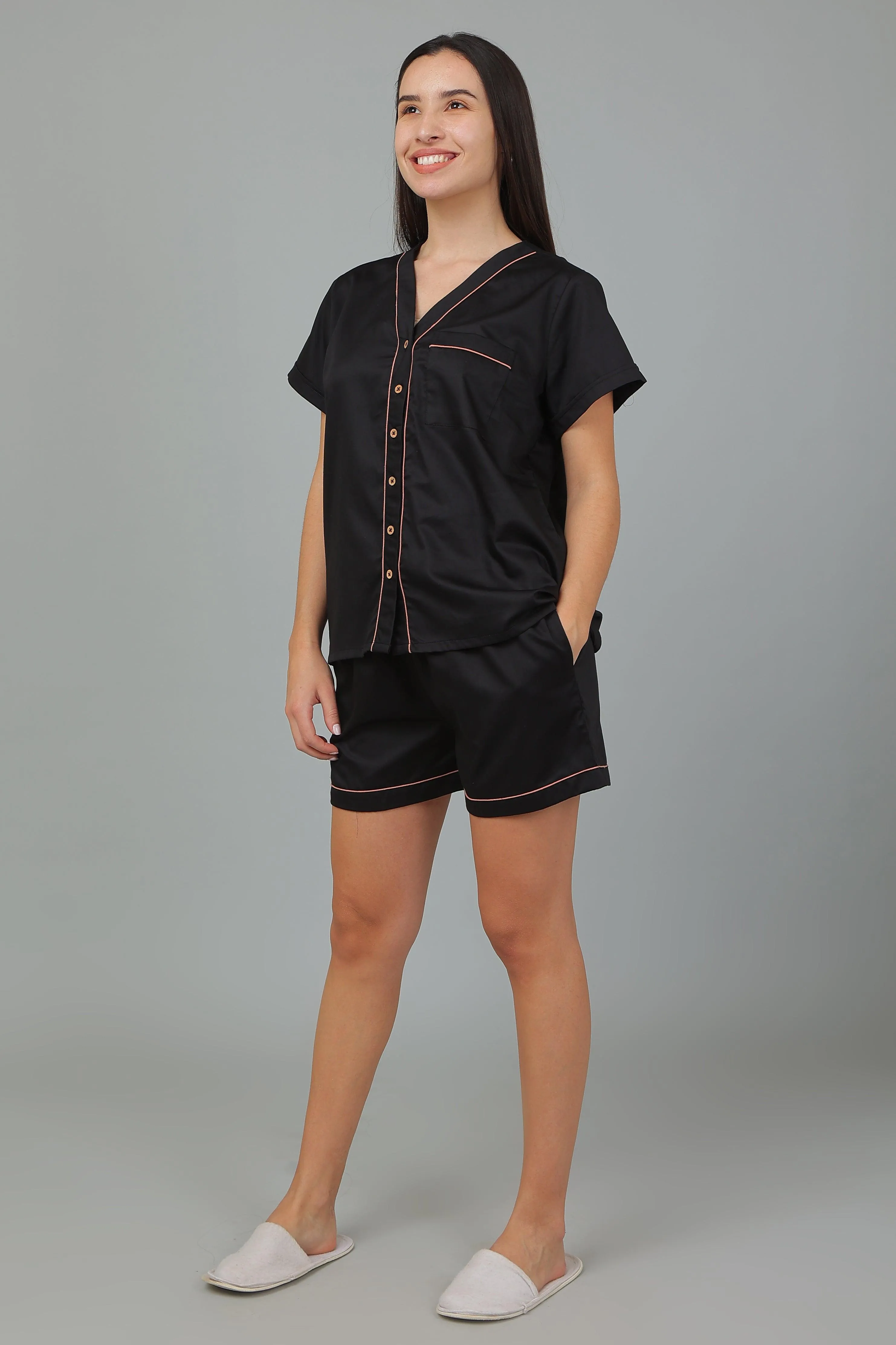Women Cotton Night suit Shirt and Shorts Co-ord Set I Night Wear | Lounge Wear Set I Solid Colours