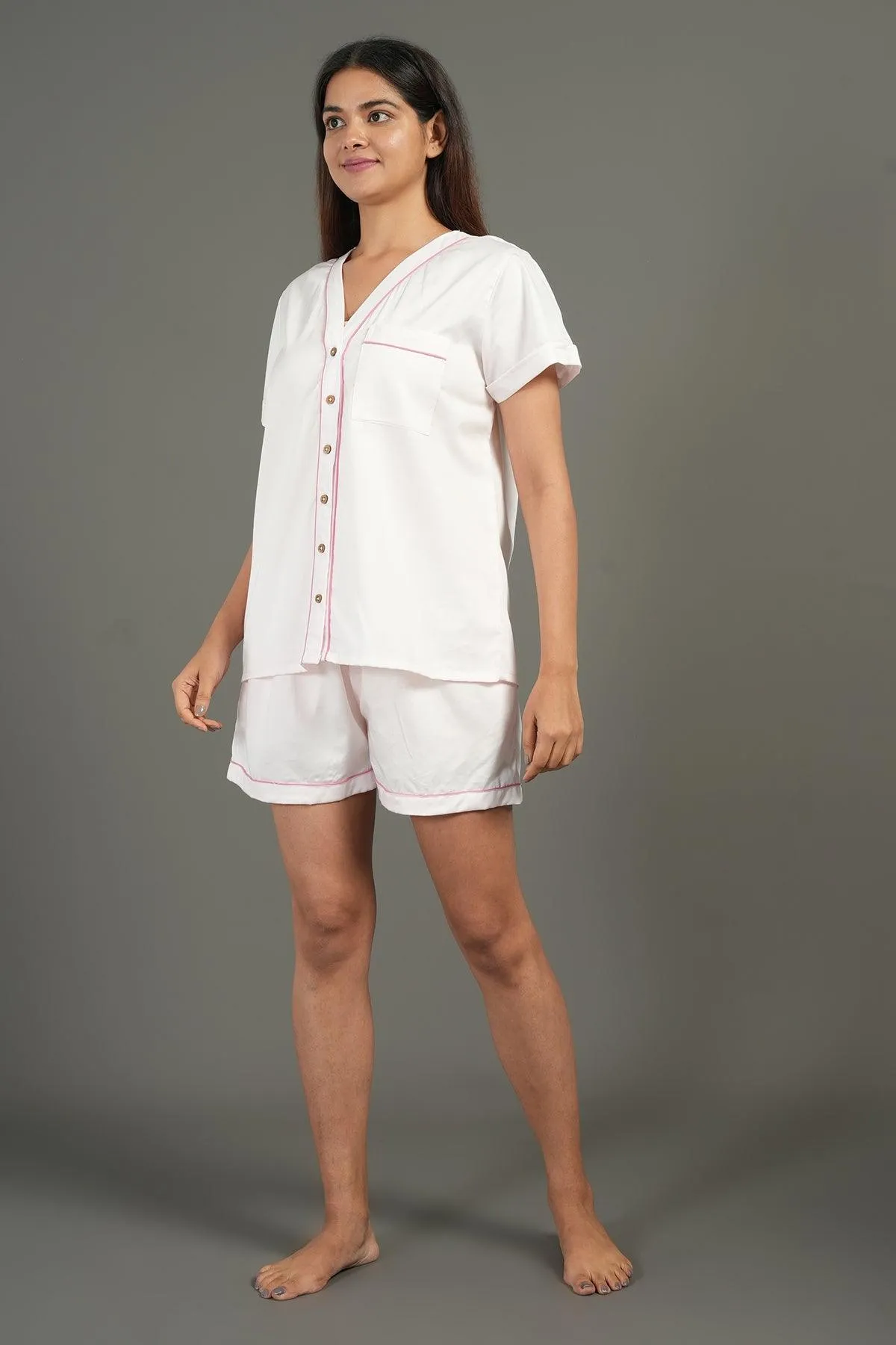 Women Cotton Night suit Shirt and Shorts Co-ord Set I Night Wear | Lounge Wear Set I Solid Colours