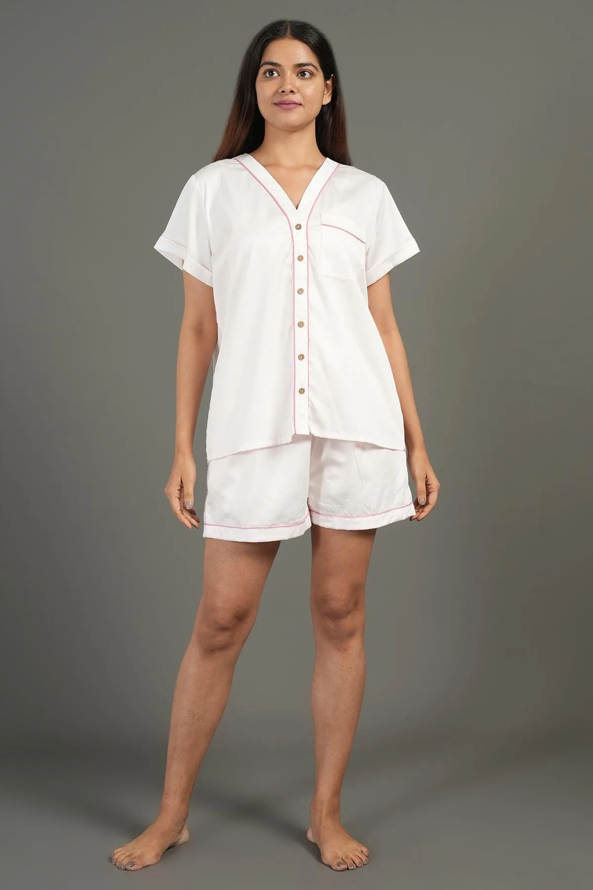 Women Cotton Night suit Shirt and Shorts Co-ord Set I Night Wear | Lounge Wear Set I Solid Colours