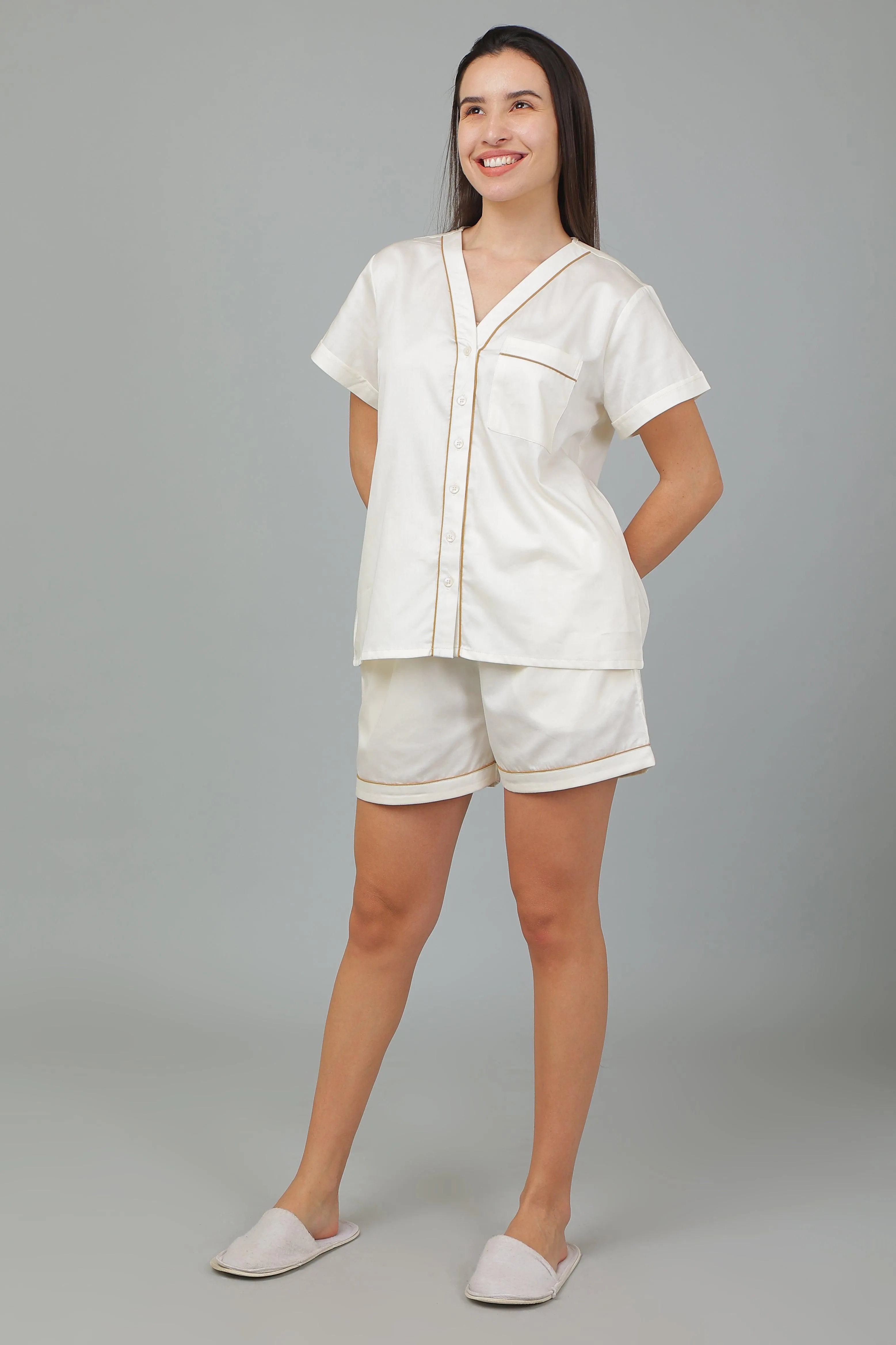 Women Cotton Night suit Shirt and Shorts Co-ord Set I Night Wear | Lounge Wear Set I Solid Colours