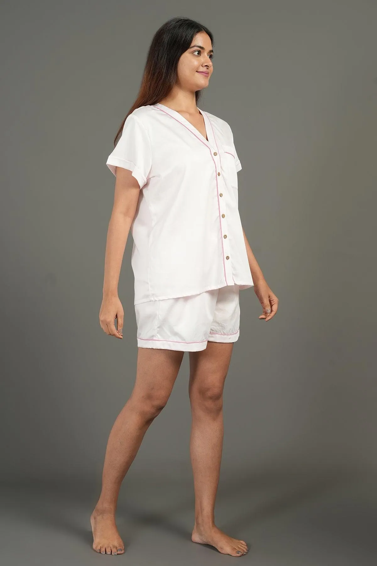 Women Cotton Night suit Shirt and Shorts Co-ord Set I Night Wear | Lounge Wear Set I Solid Colours
