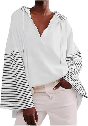 Women Oversized Sweatshirts 2024 Trendy Block Color Drawstring Pullover Hoodies Casual Fall Fashion Clothes