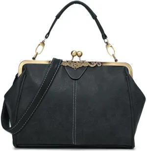 Women Vintage Small Retro Handbags Kiss Lock Crossbody Purse Frosted Leather Messenger Bag Tote
