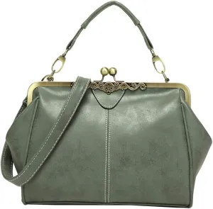 Women Vintage Small Retro Handbags Kiss Lock Crossbody Purse Frosted Leather Messenger Bag Tote