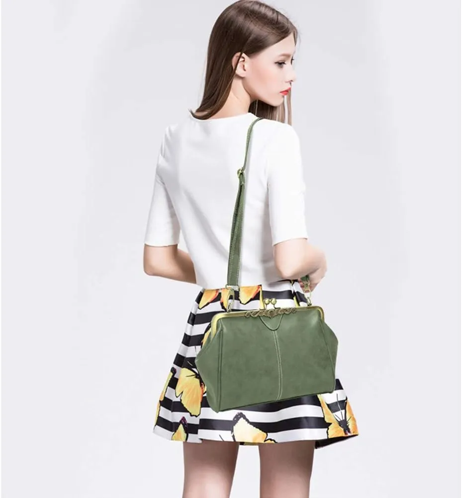 Women Vintage Small Retro Handbags Kiss Lock Crossbody Purse Frosted Leather Messenger Bag Tote