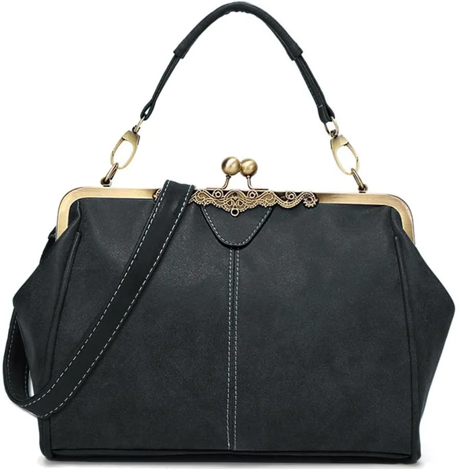 Women Vintage Small Retro Handbags Kiss Lock Crossbody Purse Frosted Leather Messenger Bag Tote
