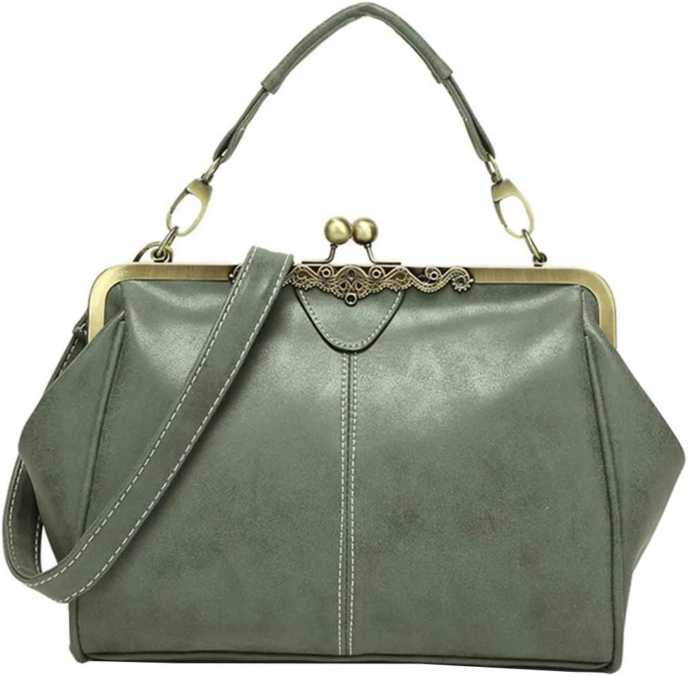 Women Vintage Small Retro Handbags Kiss Lock Crossbody Purse Frosted Leather Messenger Bag Tote