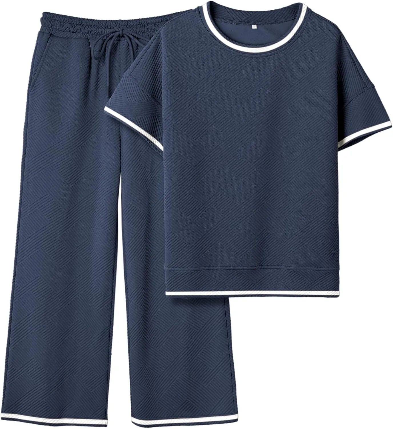 Women's 2 Piece Outfits Textured Sweatsuit 3/4 Batwing Sleeve Crew Neck Pullover Top Wide Leg Pant Tracksuit Set