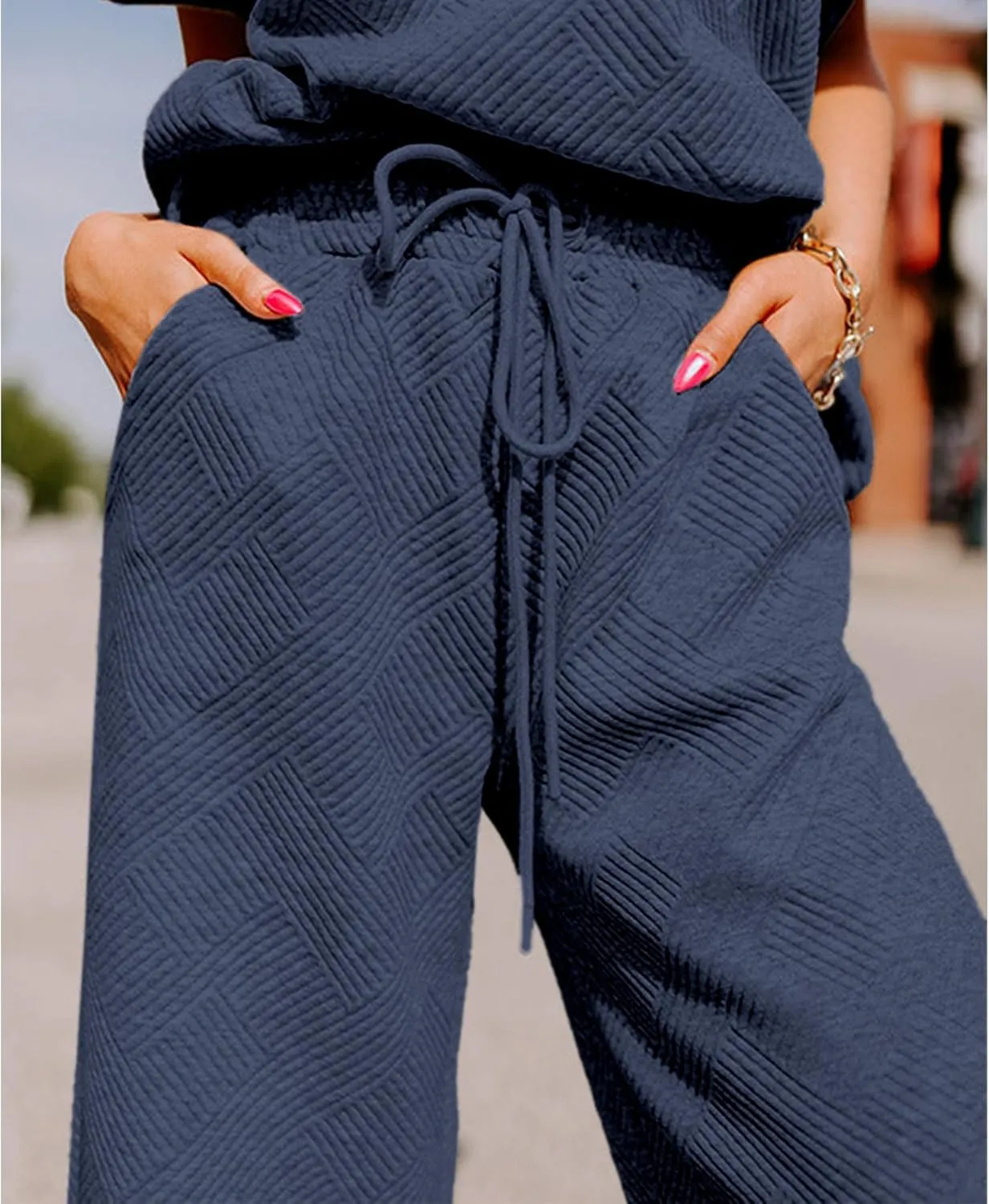 Women's 2 Piece Outfits Textured Sweatsuit 3/4 Batwing Sleeve Crew Neck Pullover Top Wide Leg Pant Tracksuit Set