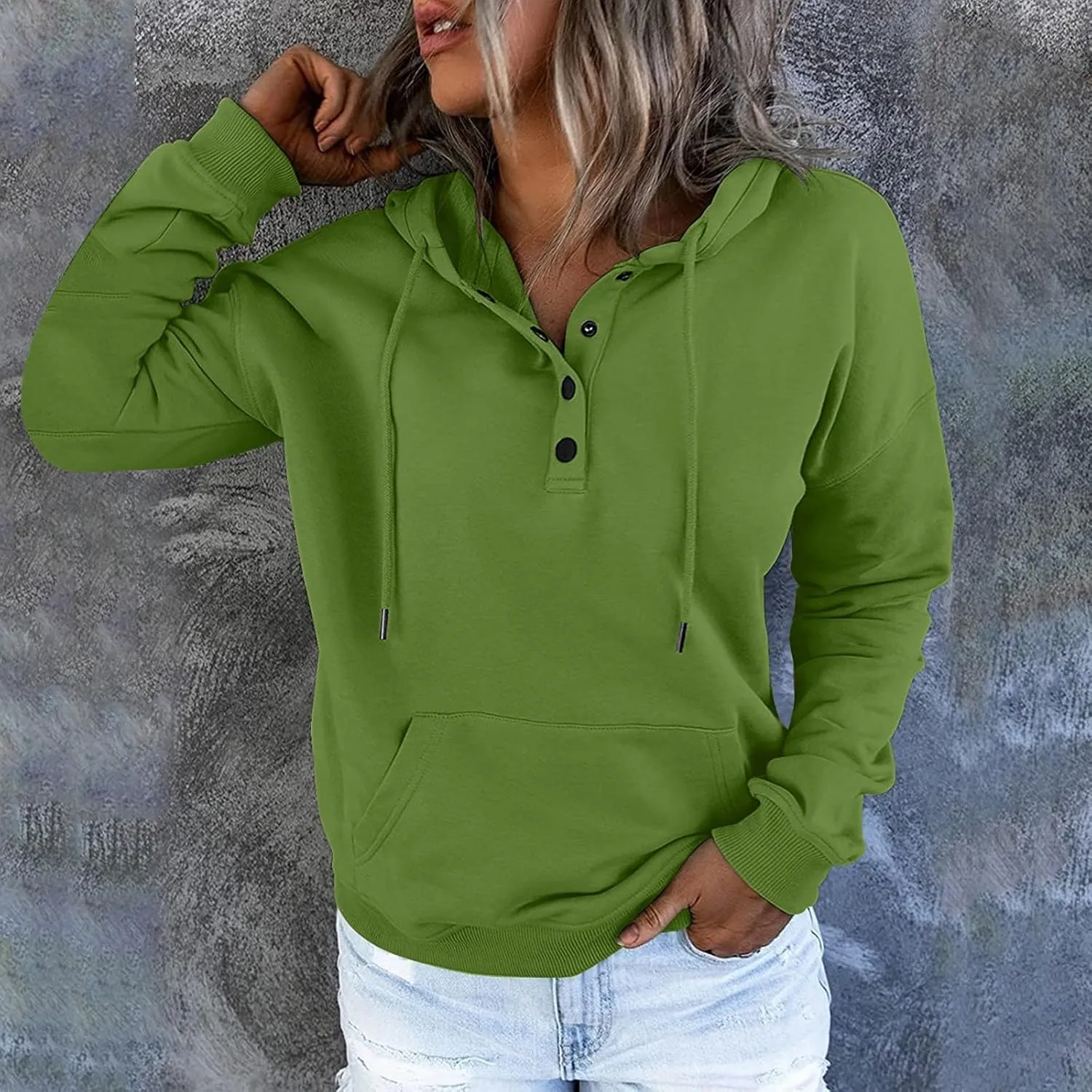 Womens 2024 Hooded Button Collar Drawstring Hoodies Pullover Sweatshirts Casual Long Sleeve Tops Shirts