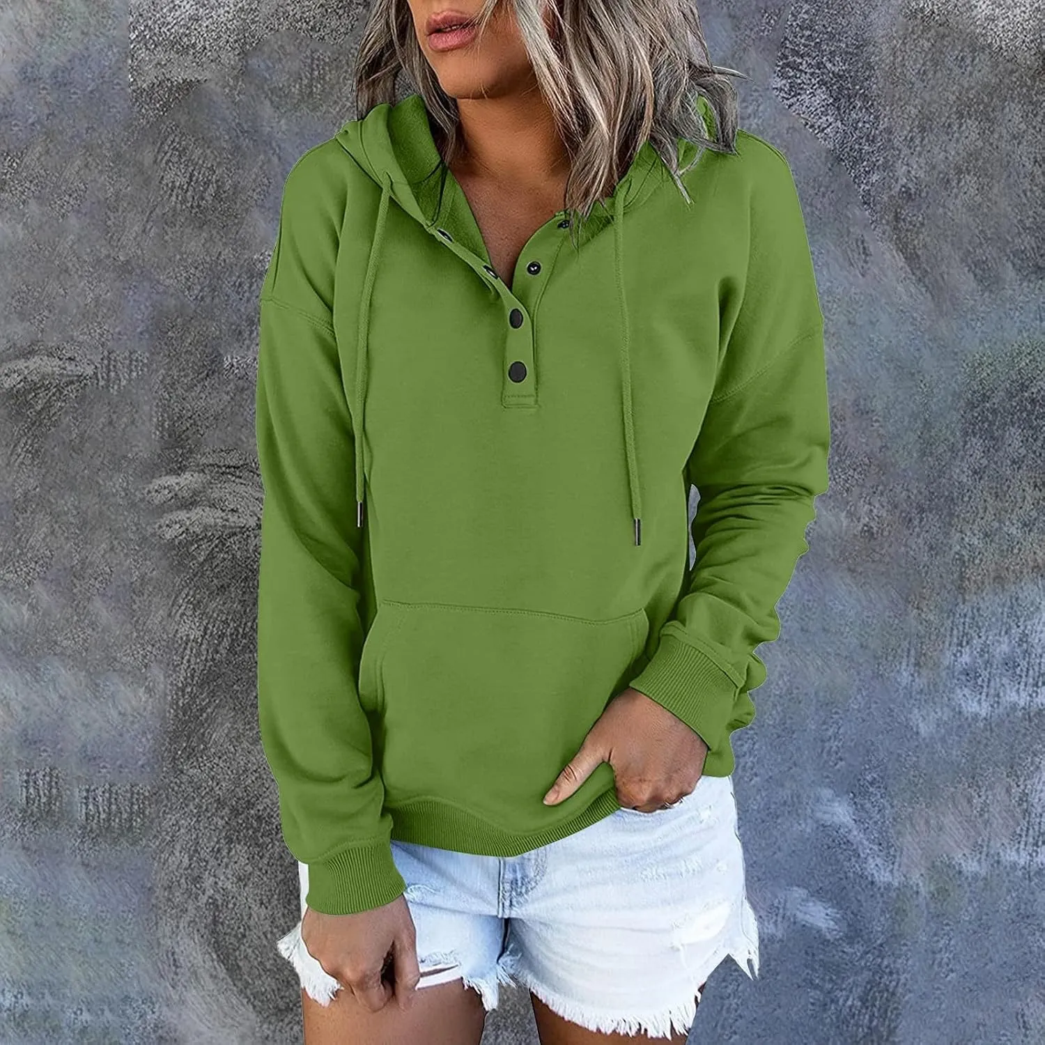 Womens 2024 Hooded Button Collar Drawstring Hoodies Pullover Sweatshirts Casual Long Sleeve Tops Shirts