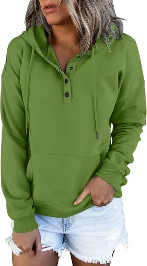 Womens 2024 Hooded Button Collar Drawstring Hoodies Pullover Sweatshirts Casual Long Sleeve Tops Shirts