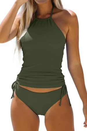 Women's Bathing Suit Solid Color Drawstring Side Halter Neck Tankini Set, Solid Black, S
