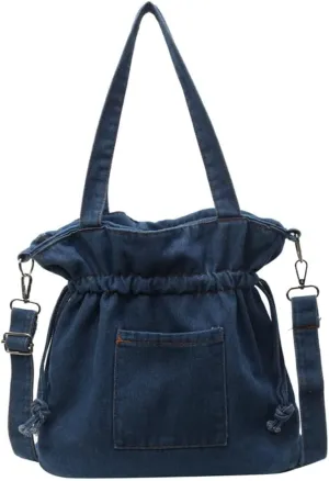 Womens Canvas Shoulder Bags Denim Bucket Crossbody Tote Large Purse Handbags Top Handle Satchel with Drawstring