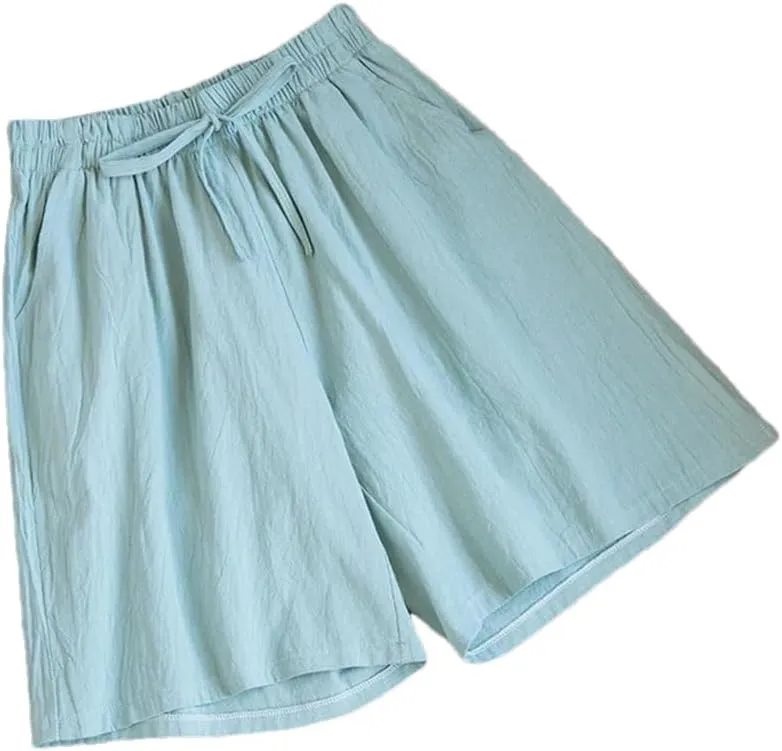 Women's Cotton Casual Solid Color Double Pocket Shorts Drawstring High Waist Loose Shorts