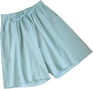 Women's Cotton Casual Solid Color Double Pocket Shorts Drawstring High Waist Loose Shorts