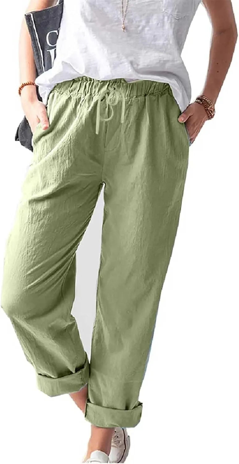 Women's Cotton Linen Summer Palazzo Pants Flowy Wide Leg Beach Trousers Pockets Lounge Plain Drawstring Trousers