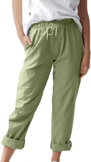Women's Cotton Linen Summer Palazzo Pants Flowy Wide Leg Beach Trousers Pockets Lounge Plain Drawstring Trousers