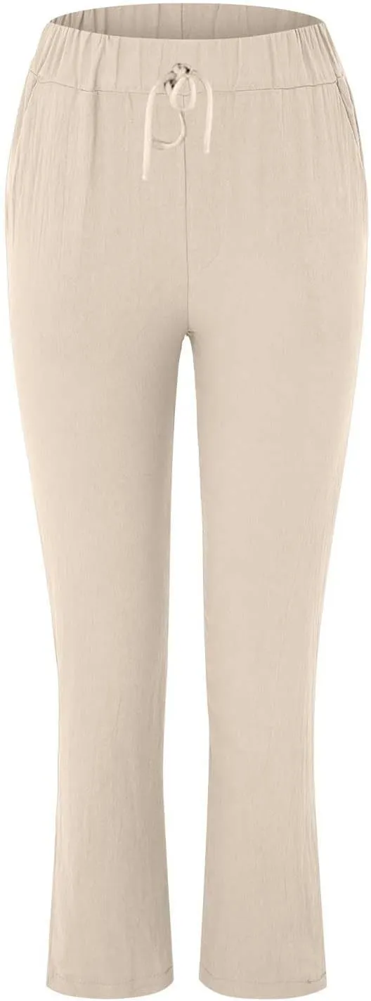 Women's Cotton Linen Summer Palazzo Pants Flowy Wide Leg Beach Trousers Pockets Lounge Plain Drawstring Trousers