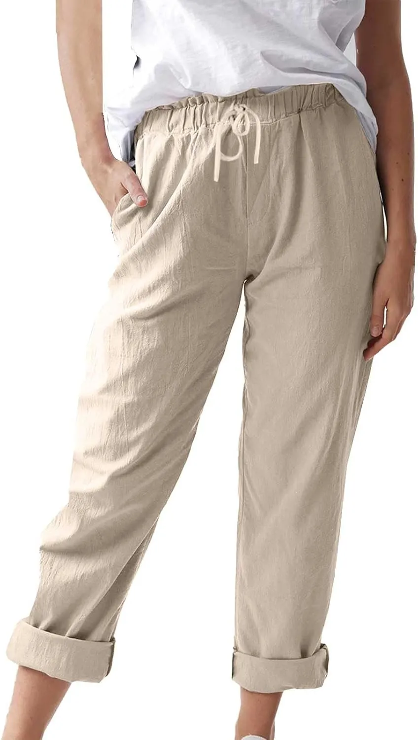 Women's Cotton Linen Summer Palazzo Pants Flowy Wide Leg Beach Trousers Pockets Lounge Plain Drawstring Trousers