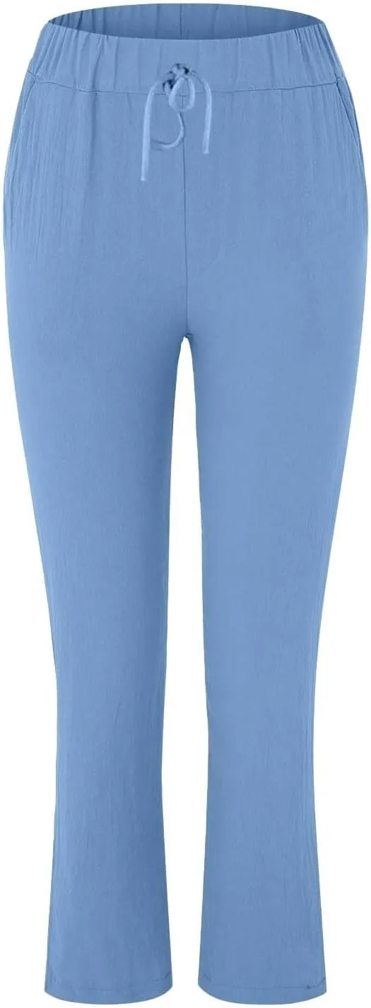 Women's Cotton Linen Summer Palazzo Pants Flowy Wide Leg Beach Trousers Pockets Lounge Plain Drawstring Trousers