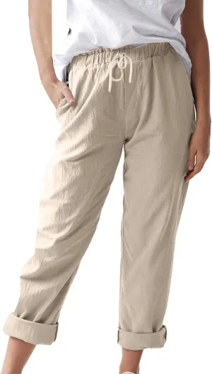 Women's Cotton Linen Summer Palazzo Pants Flowy Wide Leg Beach Trousers Pockets Lounge Plain Drawstring Trousers