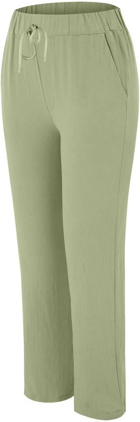 Women's Cotton Linen Summer Palazzo Pants Flowy Wide Leg Beach Trousers Pockets Lounge Plain Drawstring Trousers