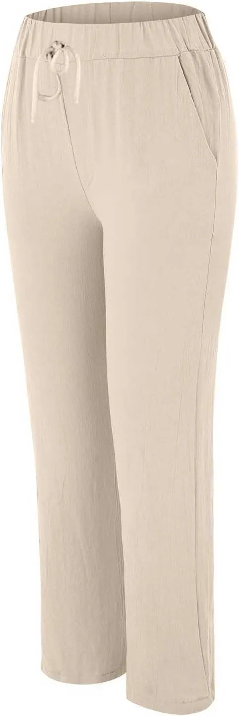 Women's Cotton Linen Summer Palazzo Pants Flowy Wide Leg Beach Trousers Pockets Lounge Plain Drawstring Trousers