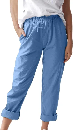 Women's Cotton Linen Summer Palazzo Pants Flowy Wide Leg Beach Trousers Pockets Lounge Plain Drawstring Trousers