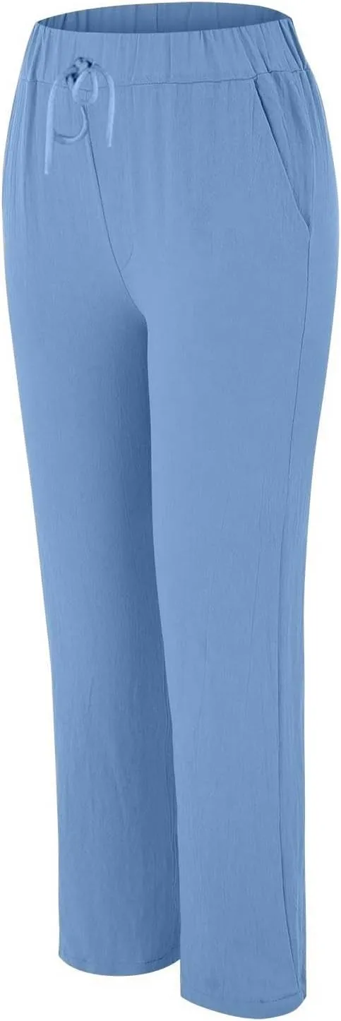 Women's Cotton Linen Summer Palazzo Pants Flowy Wide Leg Beach Trousers Pockets Lounge Plain Drawstring Trousers