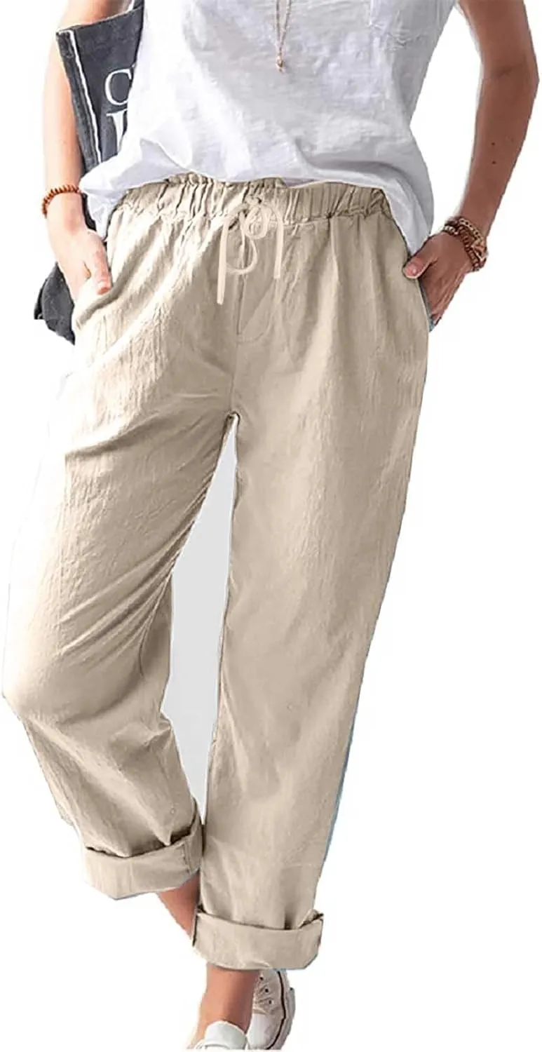 Women's Cotton Linen Summer Palazzo Pants Flowy Wide Leg Beach Trousers Pockets Lounge Plain Drawstring Trousers