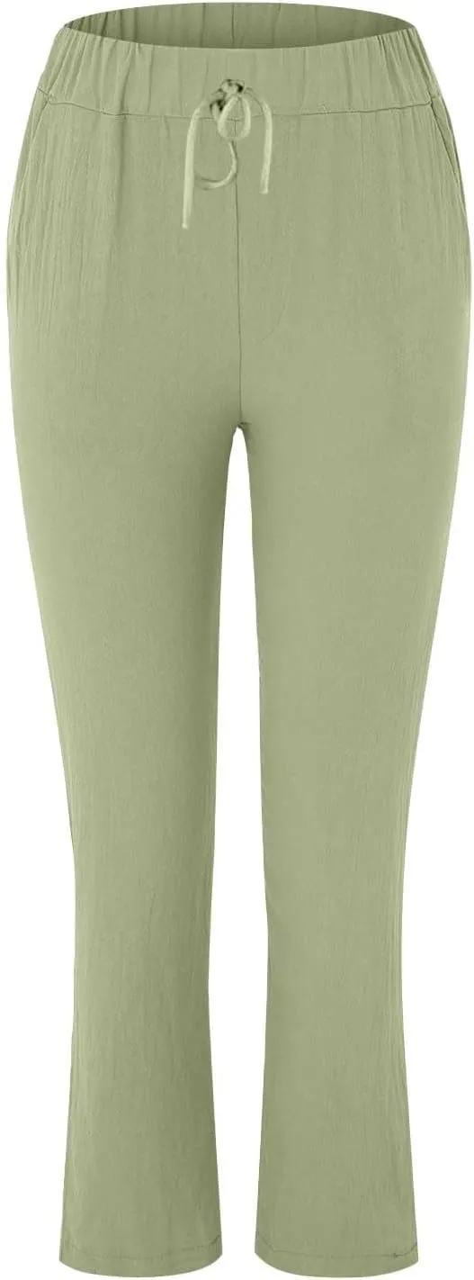 Women's Cotton Linen Summer Palazzo Pants Flowy Wide Leg Beach Trousers Pockets Lounge Plain Drawstring Trousers