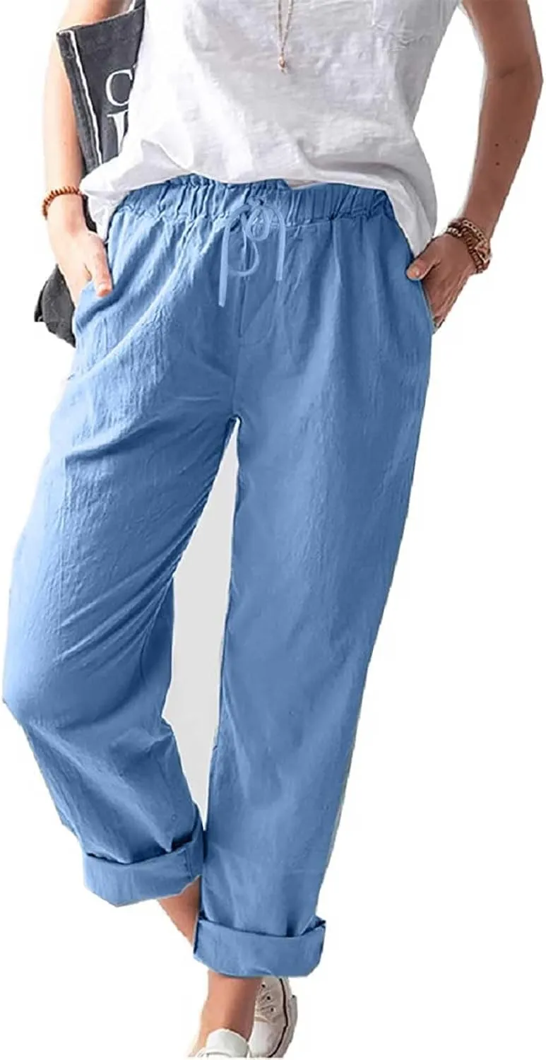 Women's Cotton Linen Summer Palazzo Pants Flowy Wide Leg Beach Trousers Pockets Lounge Plain Drawstring Trousers