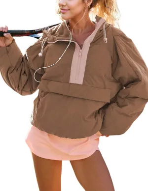 Womens Crew Neck Pullover Puffer Long Sleeve Loose Jacket Half Zip Hooded Coat with Drawstring