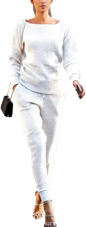 Womens Fall Rib-Knit Long Sleeve Pullover Sweater Top Drawstring Long Pants Set Two Piece Outfits Workout Tracksuit