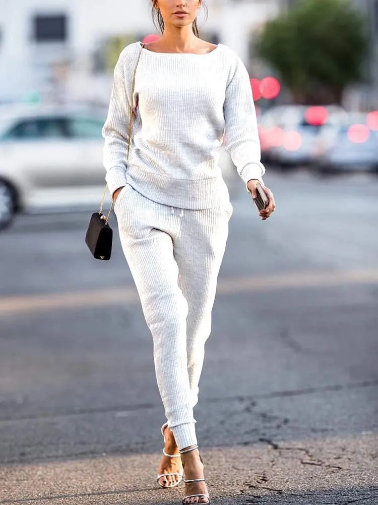 Womens Fall Rib-Knit Long Sleeve Pullover Sweater Top Drawstring Long Pants Set Two Piece Outfits Workout Tracksuit