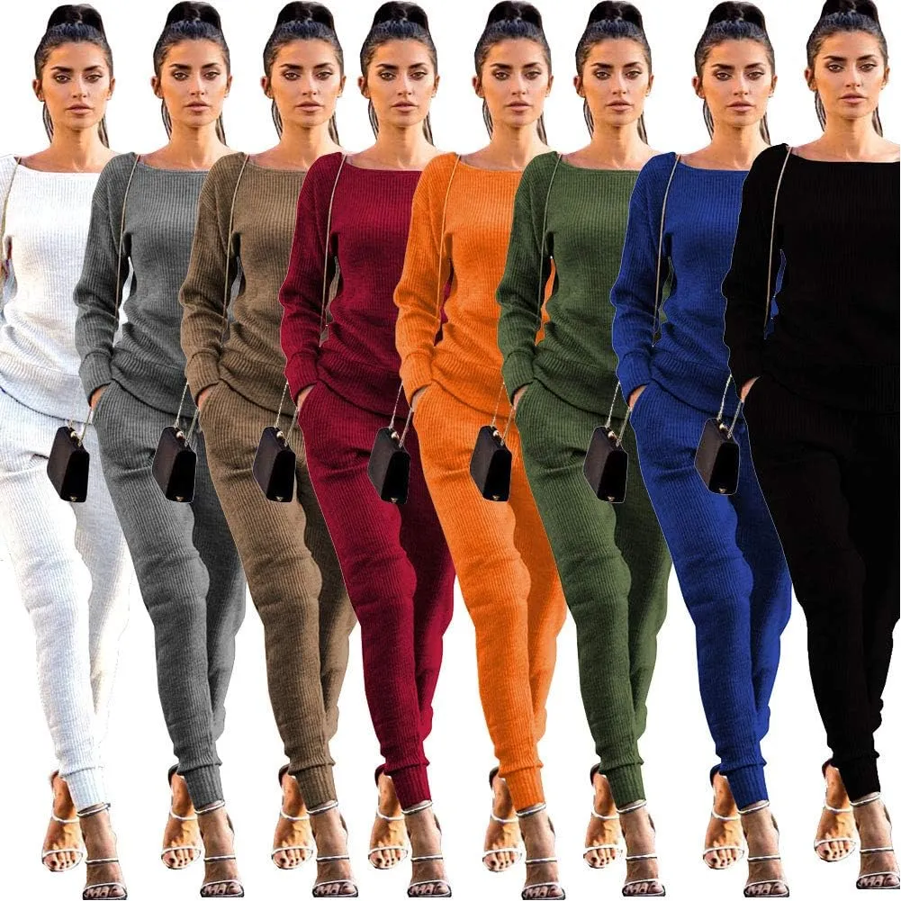 Womens Fall Rib-Knit Long Sleeve Pullover Sweater Top Drawstring Long Pants Set Two Piece Outfits Workout Tracksuit