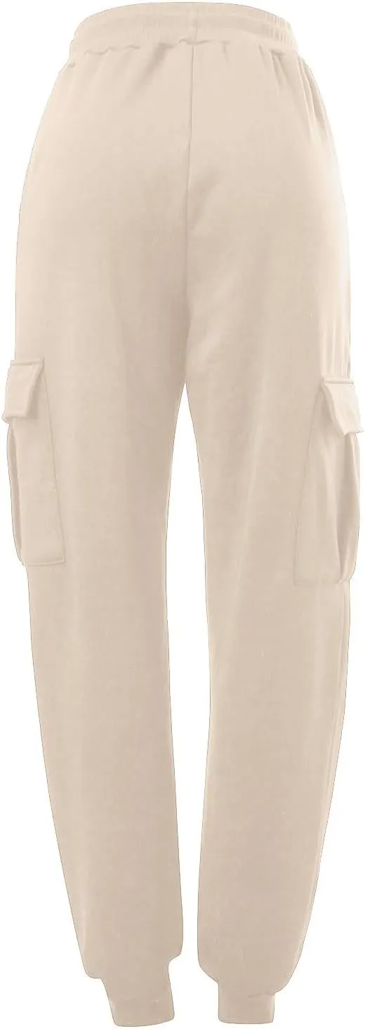 Women’s Fleece Lined Sweatpants Ladies Solid Color Drawstring Elastic Waist Casual Loose Foot Fleece Sweatpants High