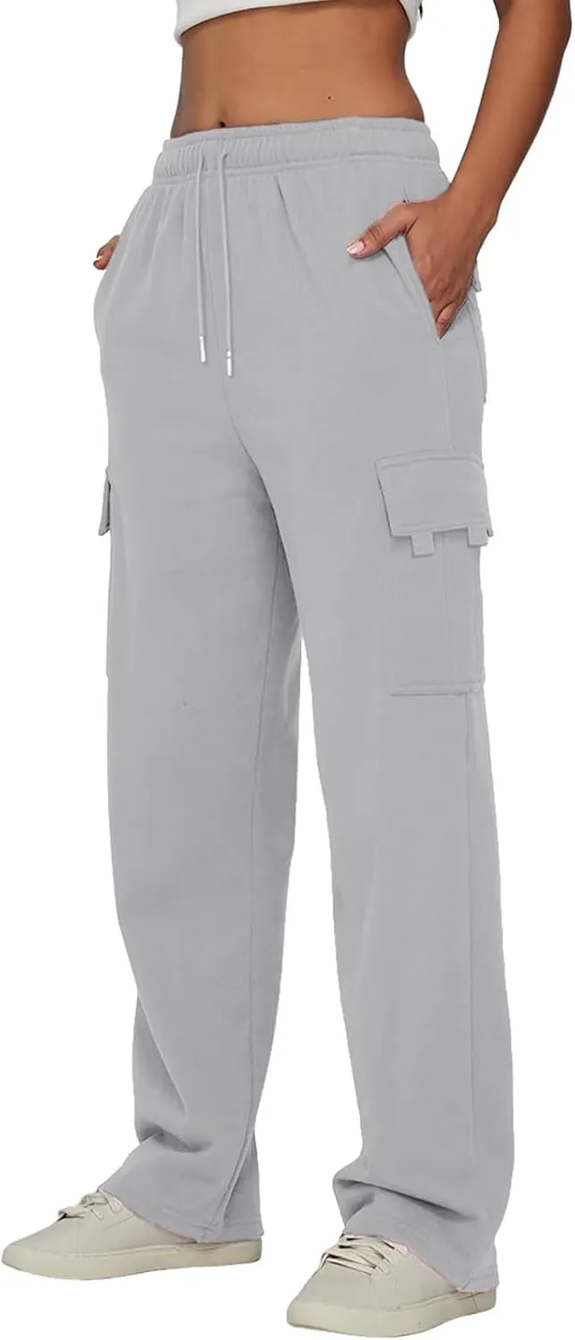 Women’s Fleece Lined Sweatpants Ladies Solid Color Drawstring Elastic Waist Casual Loose Foot Fleece Sweatpants High