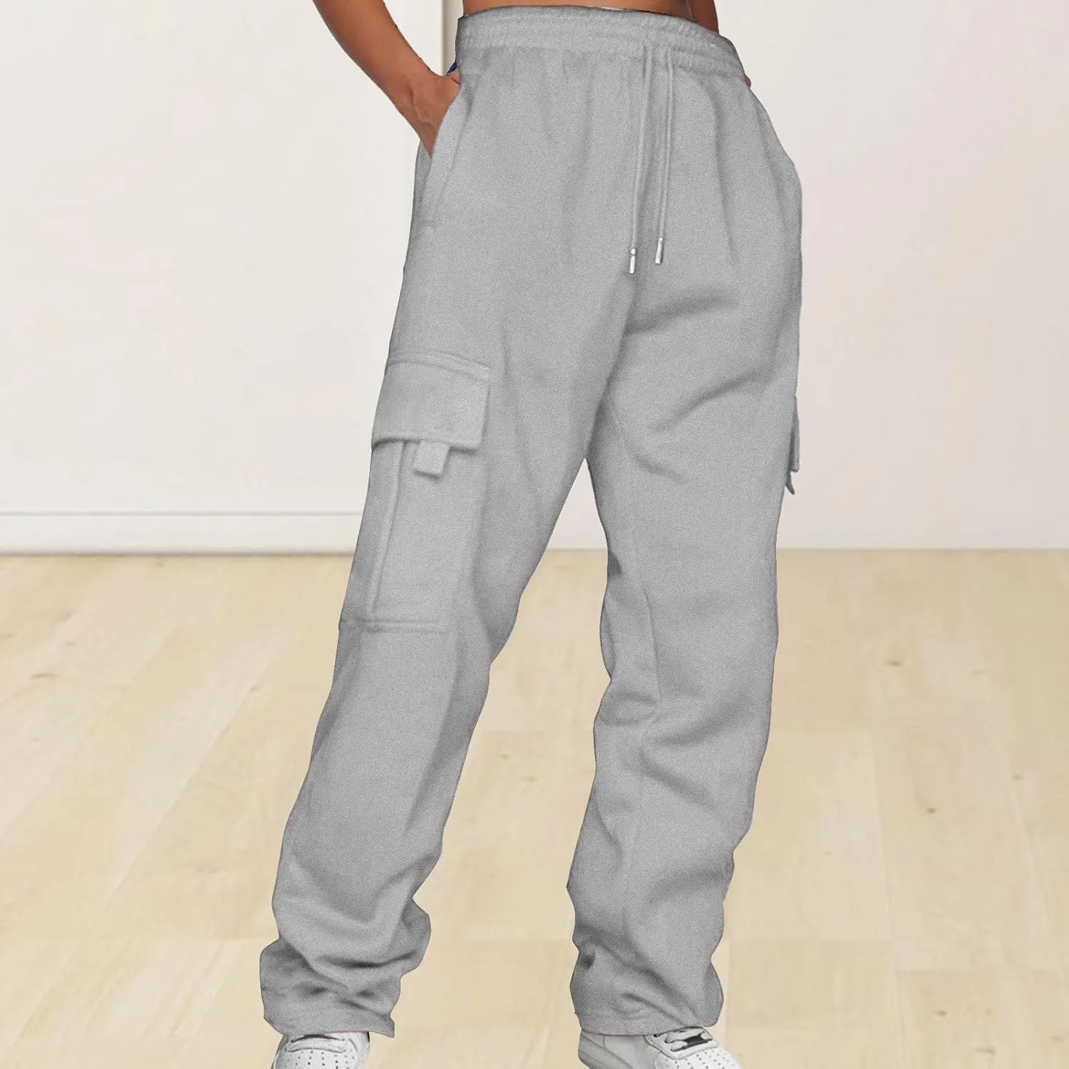 Women’s Fleece Lined Sweatpants Ladies Solid Color Drawstring Elastic Waist Casual Loose Foot Fleece Sweatpants High