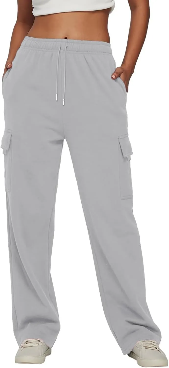 Women’s Fleece Lined Sweatpants Ladies Solid Color Drawstring Elastic Waist Casual Loose Foot Fleece Sweatpants High