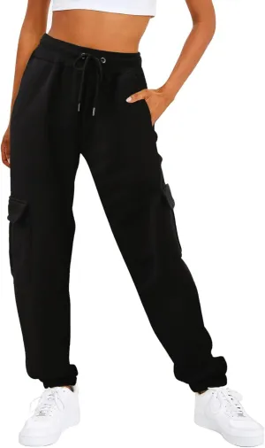 Women’s Fleece Lined Sweatpants Ladies Solid Color Drawstring Elastic Waist Casual Loose Foot Fleece Sweatpants High