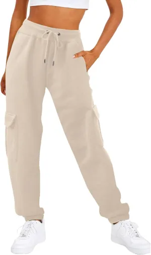 Women’s Fleece Lined Sweatpants Ladies Solid Color Drawstring Elastic Waist Casual Loose Foot Fleece Sweatpants High