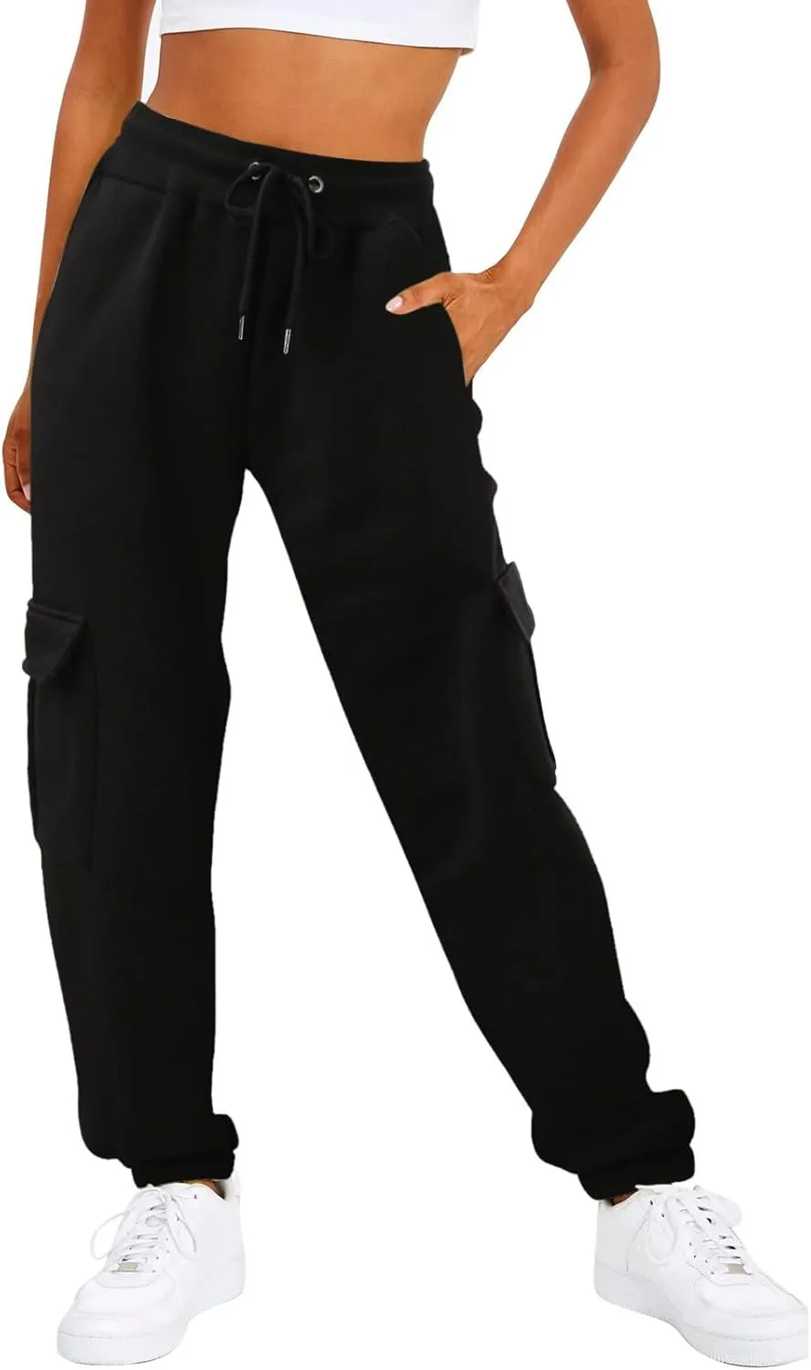 Women’s Fleece Lined Sweatpants Ladies Solid Color Drawstring Elastic Waist Casual Loose Foot Fleece Sweatpants High
