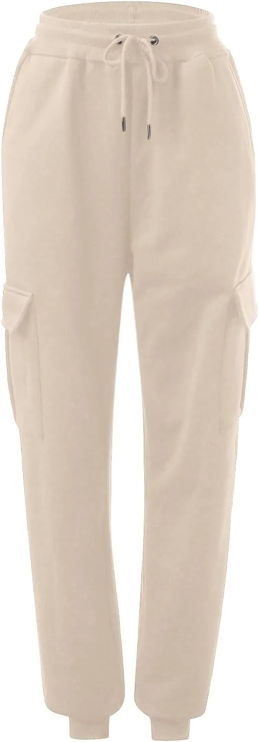 Women’s Fleece Lined Sweatpants Ladies Solid Color Drawstring Elastic Waist Casual Loose Foot Fleece Sweatpants High