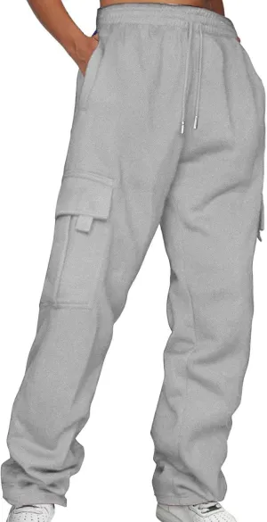 Women’s Fleece Lined Sweatpants Ladies Solid Color Drawstring Elastic Waist Casual Loose Foot Fleece Sweatpants High