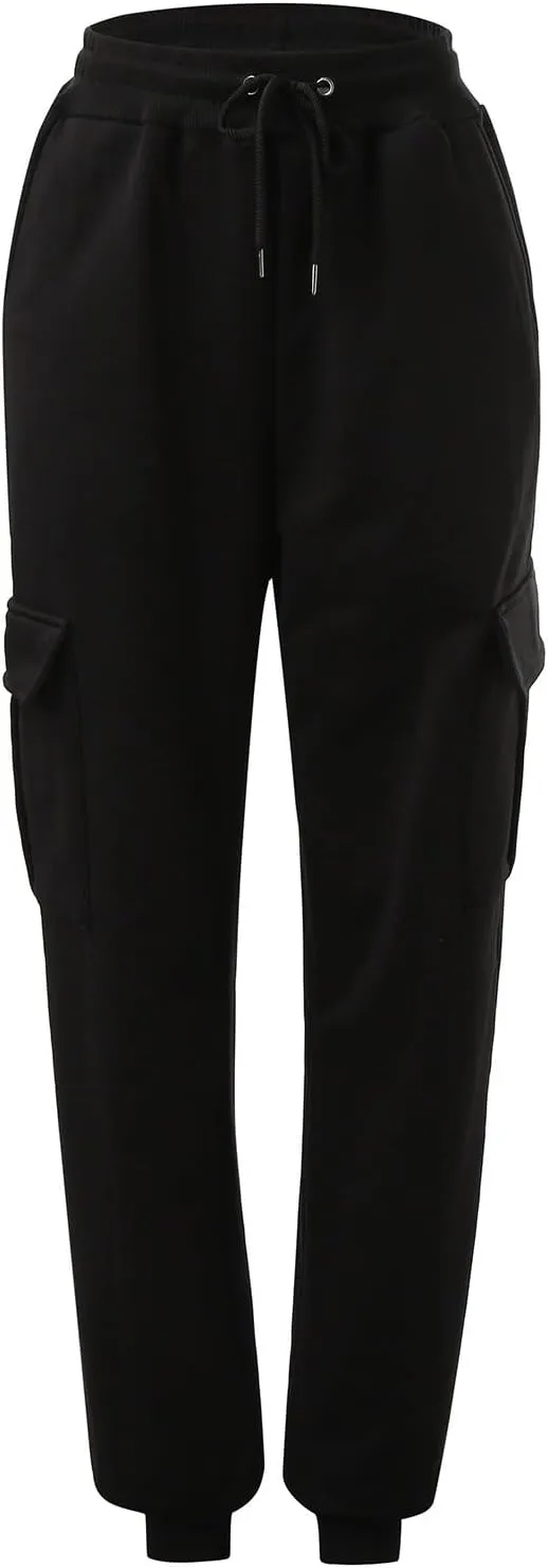 Women’s Fleece Lined Sweatpants Ladies Solid Color Drawstring Elastic Waist Casual Loose Foot Fleece Sweatpants High