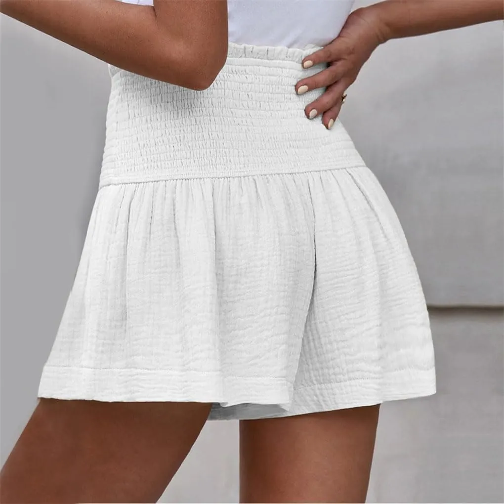 Women's High Waist Soft Solid Color Wide Leg Shorts Elastic Waist Casual Shorts